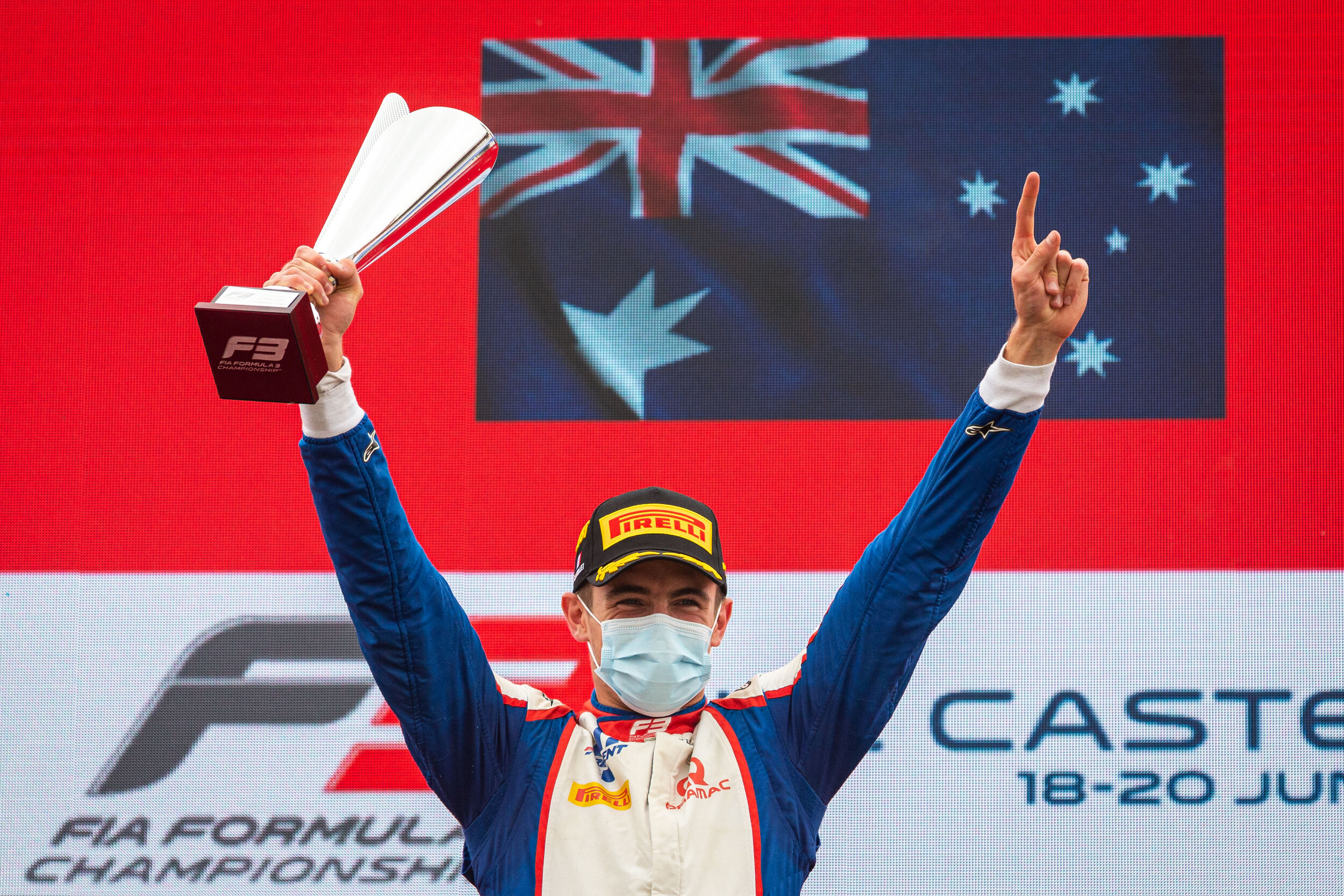 Jack Doohan celebrates his first FIA Formula 3 victory in France. (Dutch Photo Agency/Red Bull Content Pool)