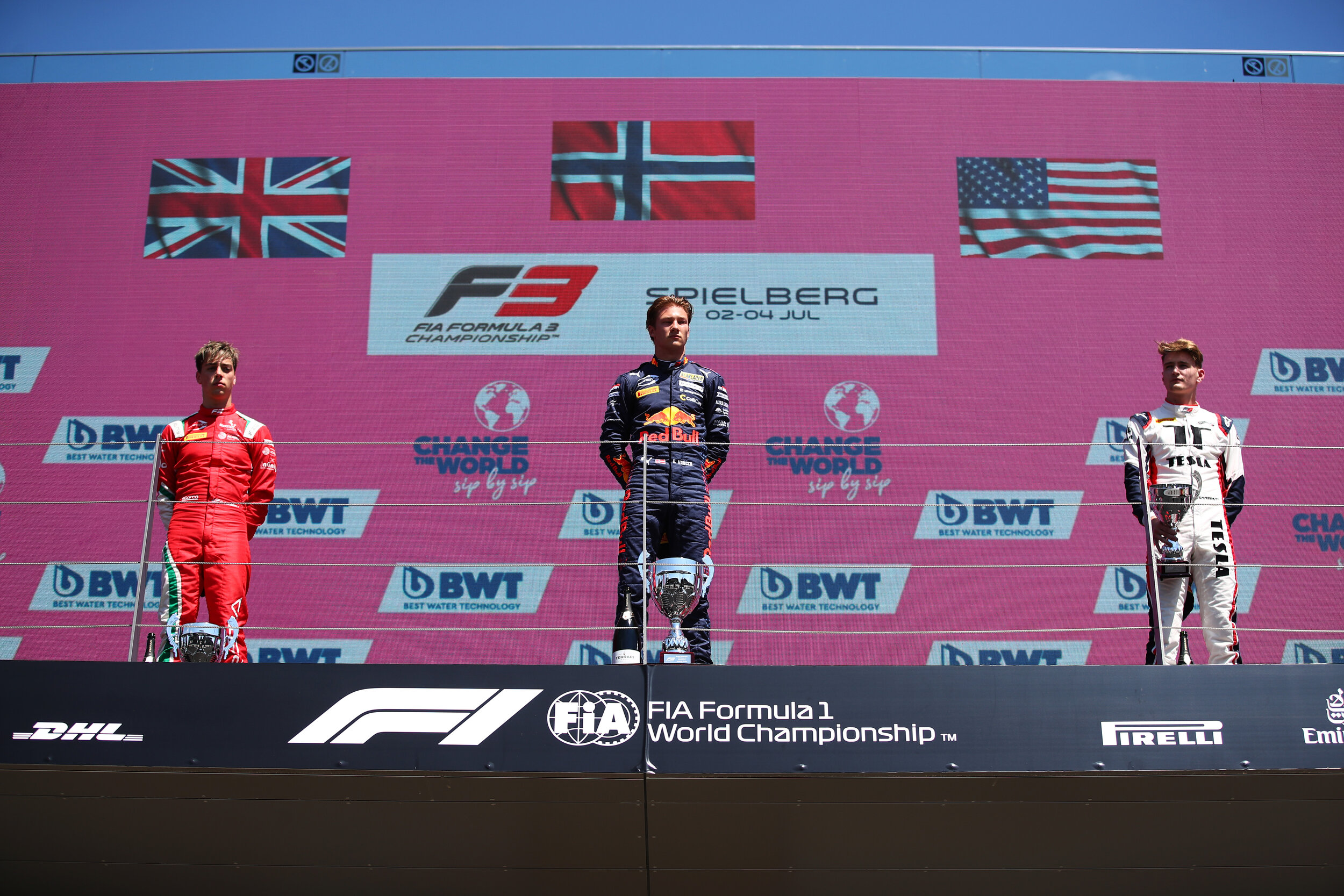 Dennis Hauger on the FIA Formula 3 podium ahead of Olli Caldwell and Logan Sargeant. (Formula Motorsport)