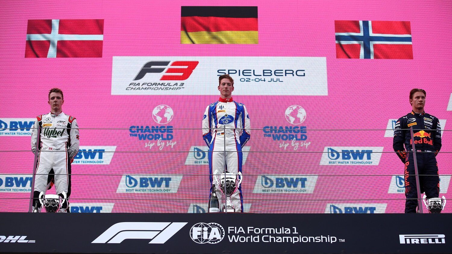 David Schumacher, Frederik Vesti, and Dennis Hauger celebrate on the podium in Austria. (Formula Motorsport)