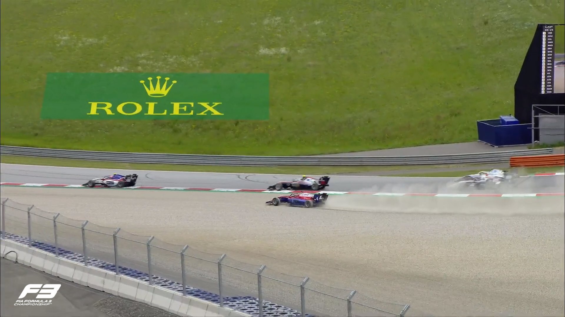 Jack Doohan runs wide with a puncture after contact with Jak Crawford. (FIAFormula3)