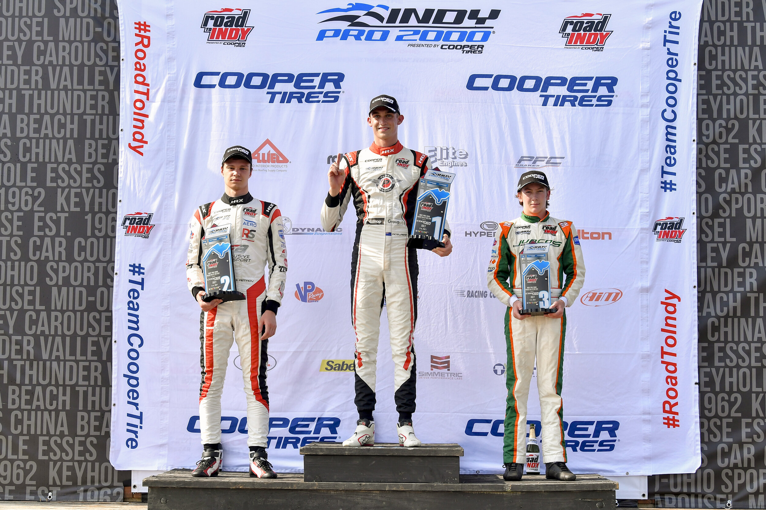 Hunter McElrea, Artem Petrov, and Kyffin Simpson on the Race 2 podium. (Gavin Baker Photography/Road to Indy)
