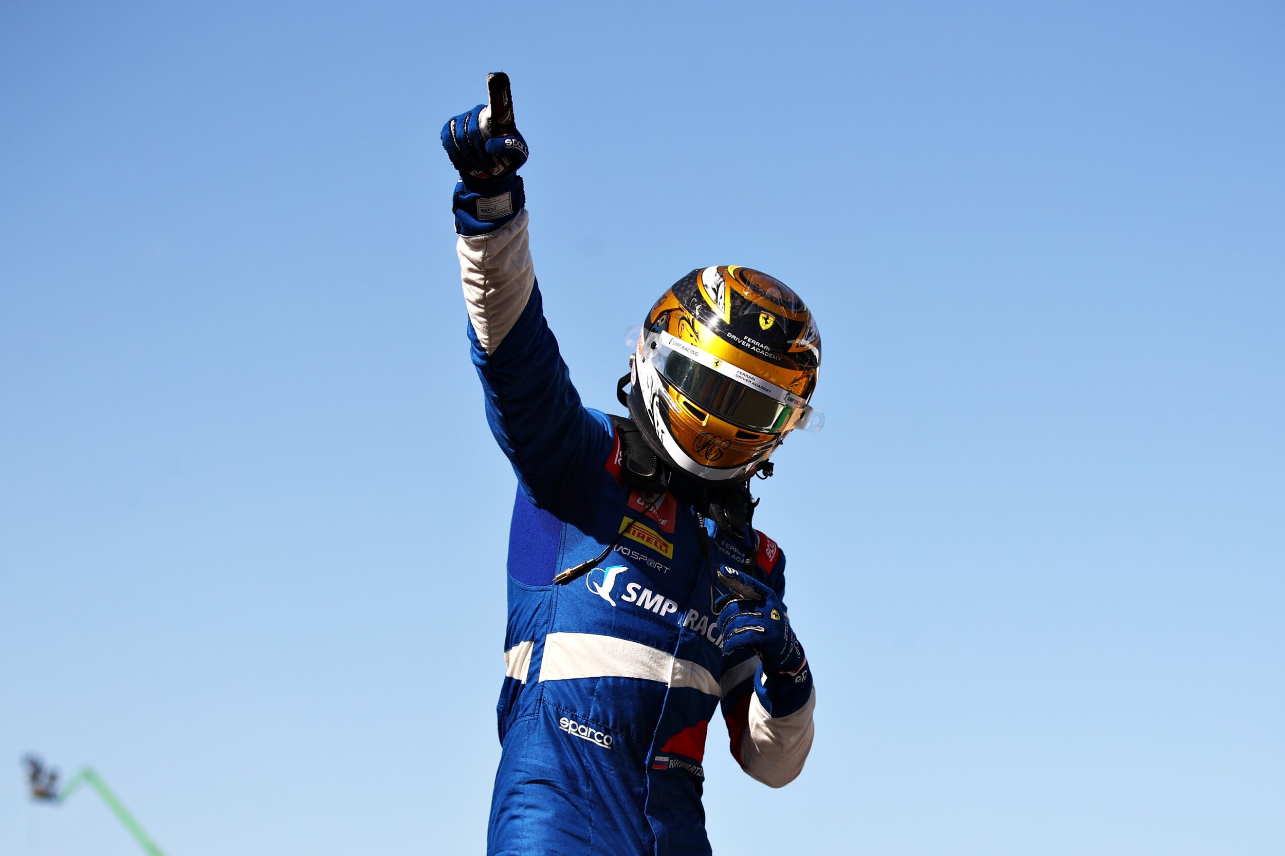 Robert Shwartzman celebrates his race one victory at Silverstone. (Formula Motorsport)