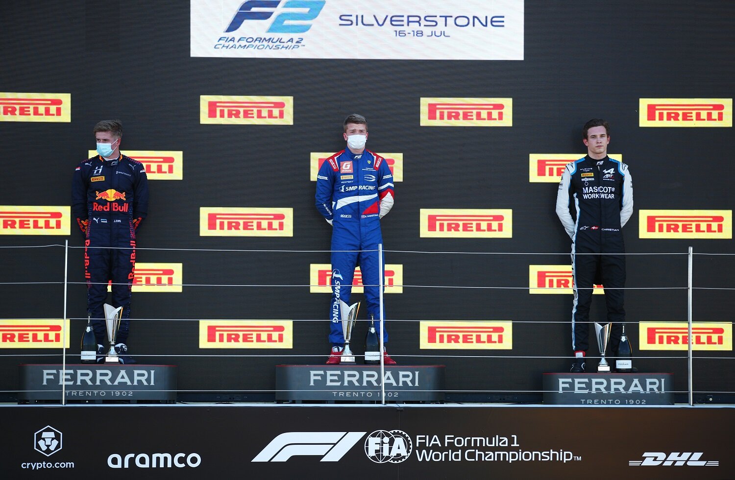 Robert Shwartzman, Juri Vips, and Christian Lundgaard on the race on podium at Silverstone. (Formula Motorsport)