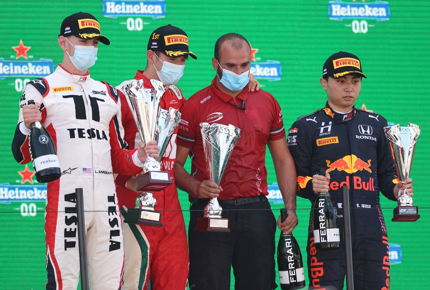Arthur Leclerc, Logan Sargeant, and Ayumu Iwasa celebrate on the podium at Zandvoort. (Formula Motorsport Limited)