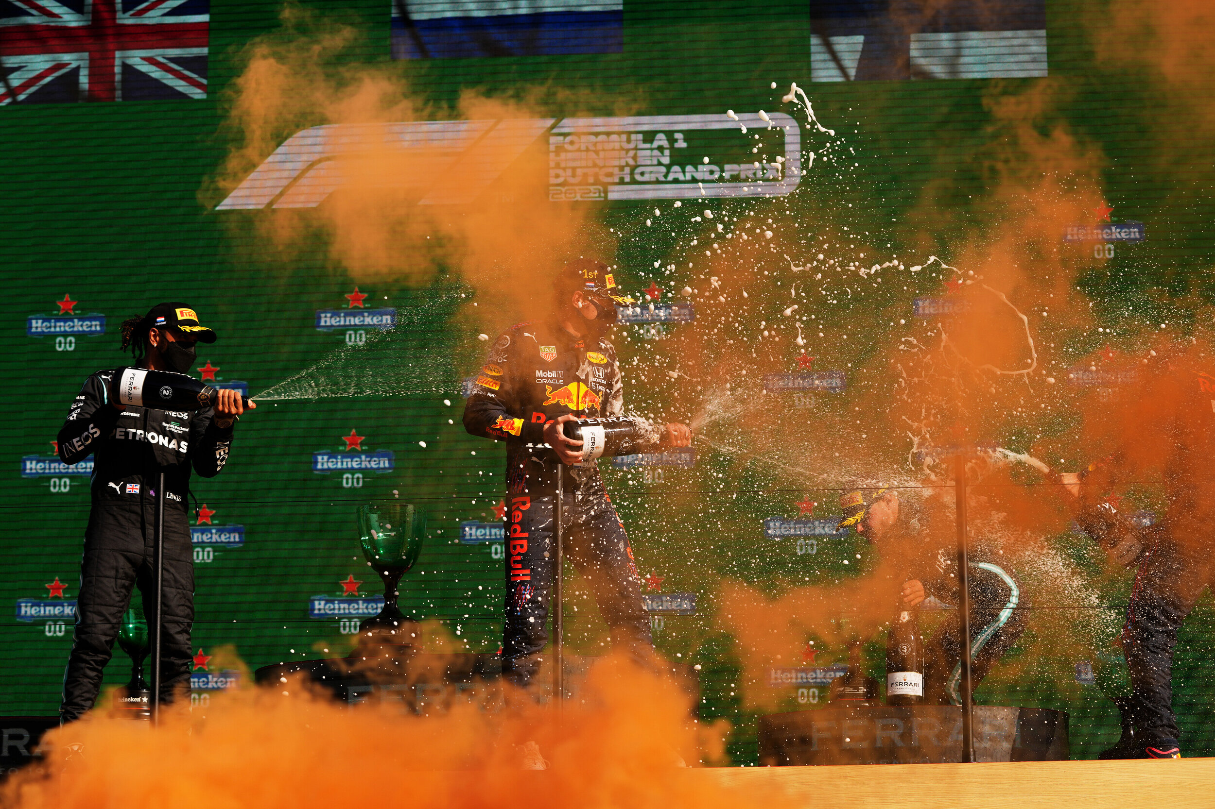 Max Verstappen celebrates on the podium at Zandvoort. (Getty Images/Red Bull Content Pool)