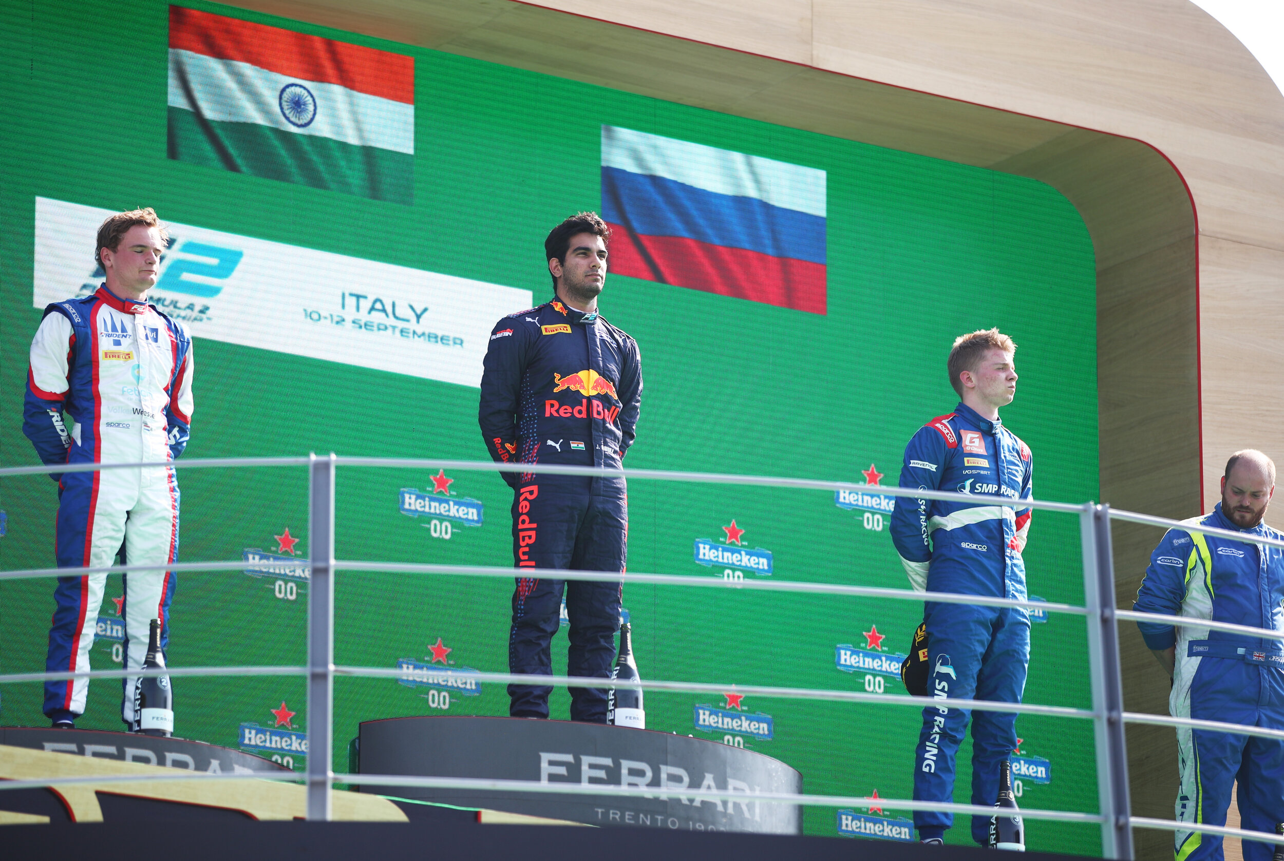 Jehan Daruvala, Bent Viscaal, and Robert Shwartzman celebrate on the podium at Monza. (Formula Motorsport Limited)