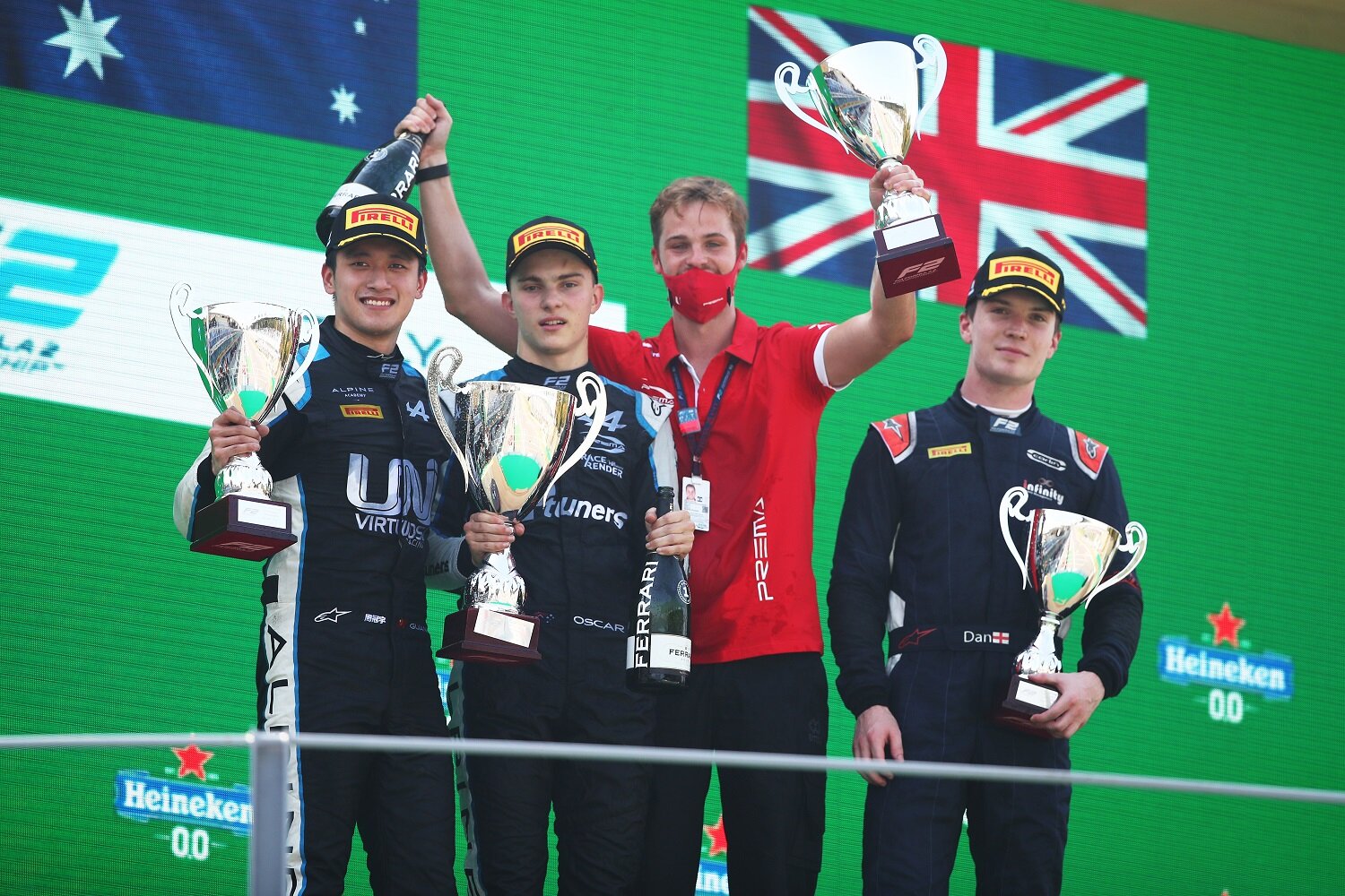 Oscar Piastri on the podium with Guanyu Zhou and Dan Ticktum. (Formula Motorsport Limited)
