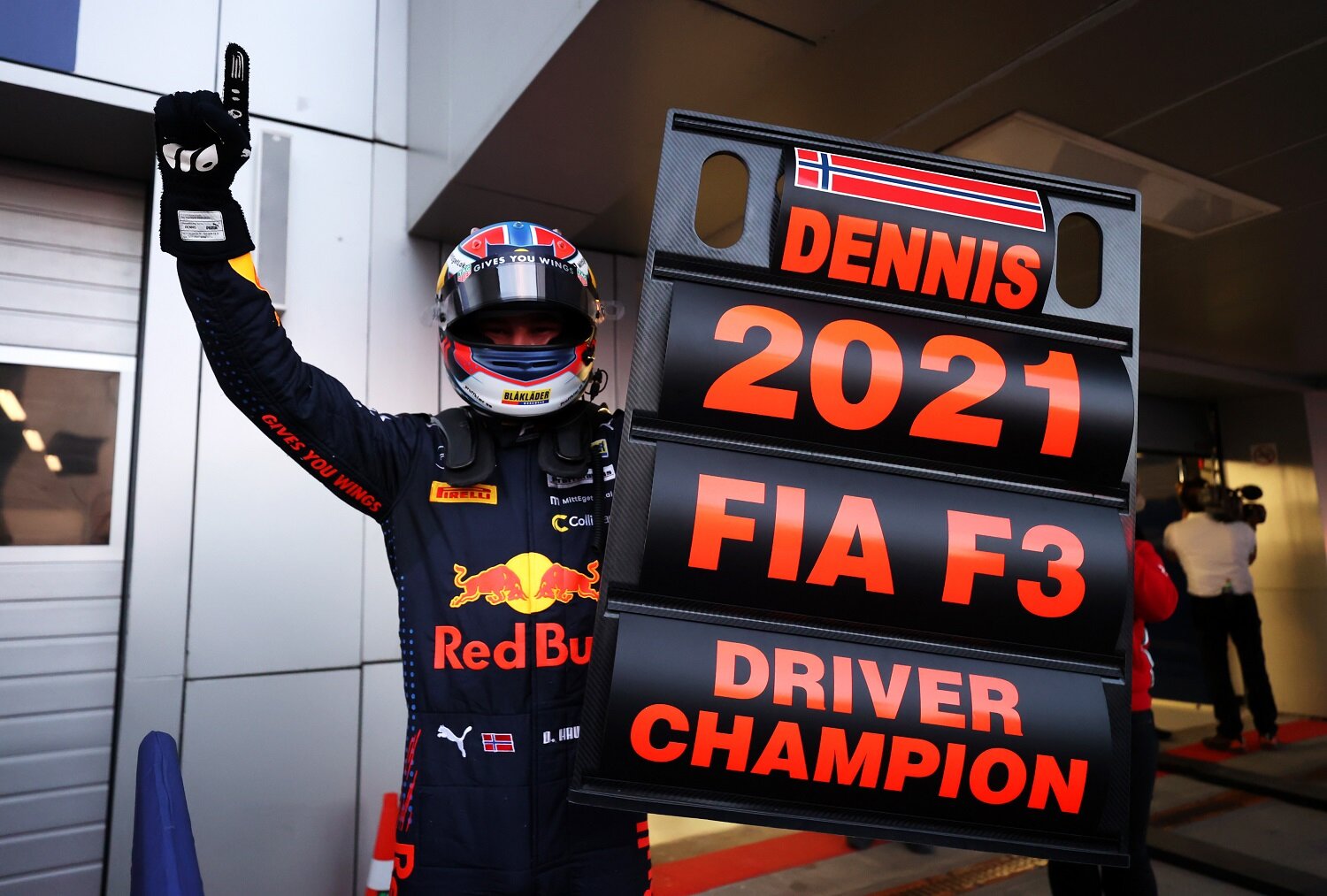 Dennis Hauger celebrates after winning the 2021 FIA Formula 3 Championship. (Formula Motorsport Limited)