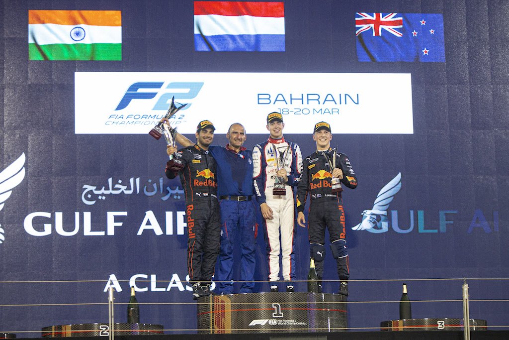Richard Verschoor, Jehan Daruvala, and Liam Lawon on the sprint race podium