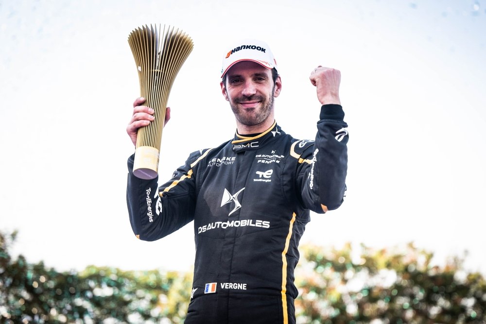Jean-Eric Vergne celebrates after taking out the Hyderabad E-Prix.
