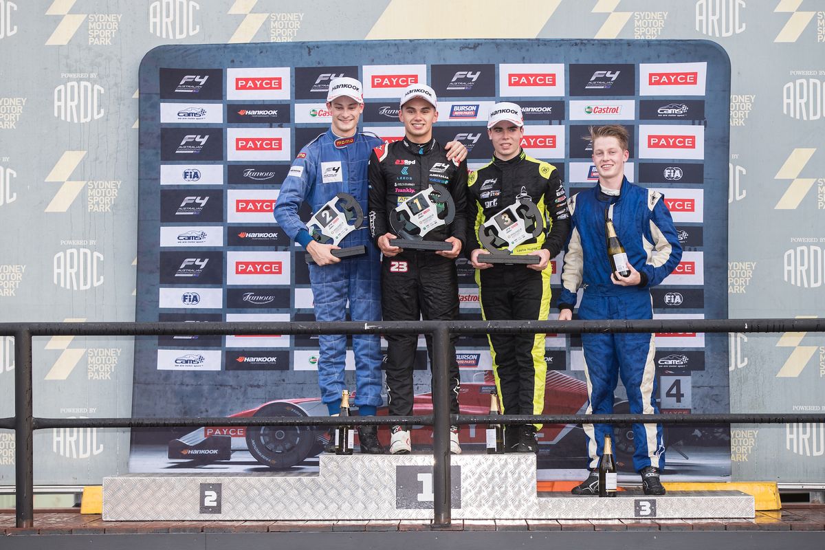 Luis Leeds celebrates Formula 4 round win after taking race 3 in Sydney