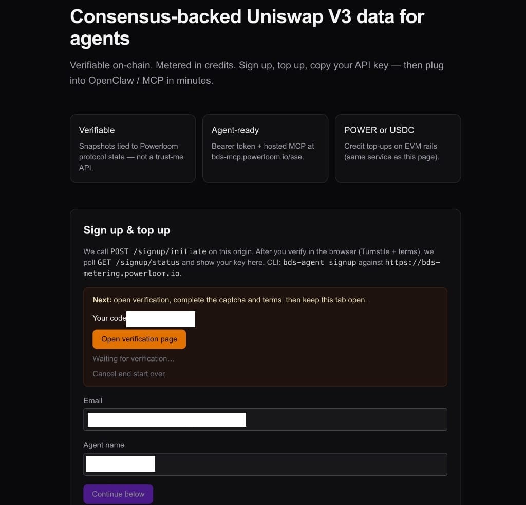 Browser signup — enter email, get verification code