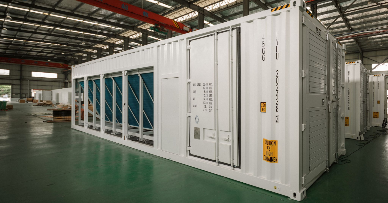 Next-gen modular mining container by GreenHash, engineered for portability and environmental efficiency, ideal for co-located operations with solar, wind, or hydroelectric energy providers.