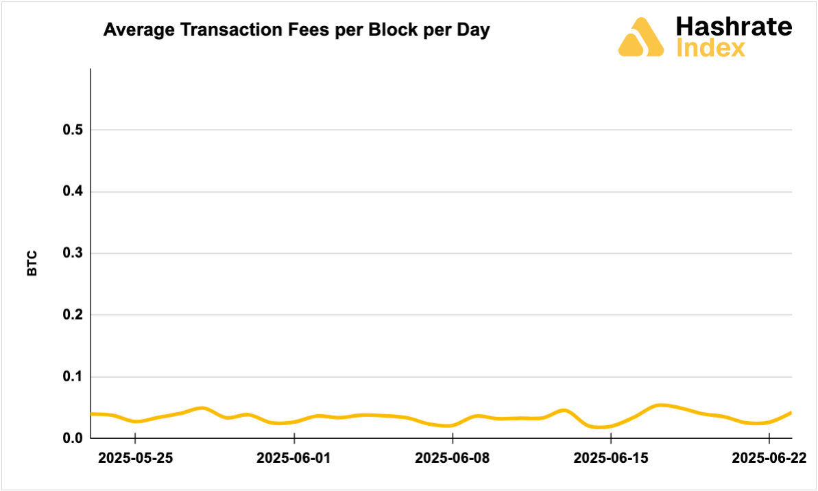 Line chart showing average Bitcoin transaction fees per block per day from May 23 to June 23, 2025, with a steady decline and range between ~0.01 to 0.10 BTC. Fee levels remained low and stable throughout the month.