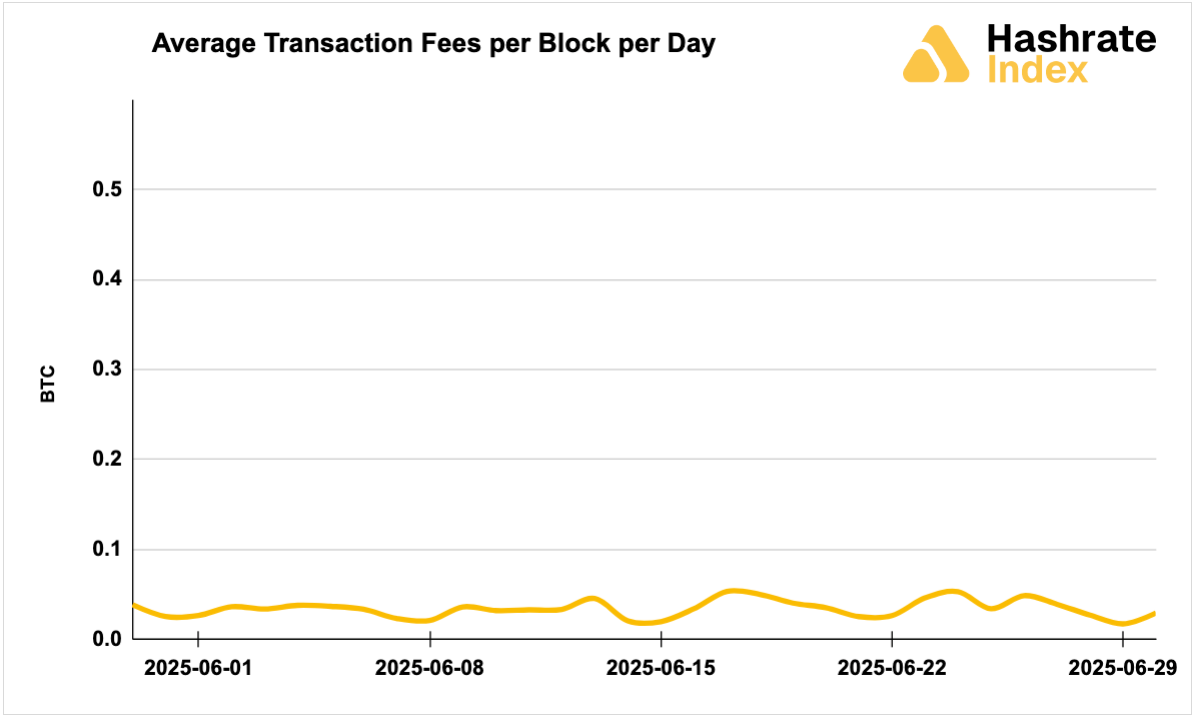 Line chart showing average Bitcoin transaction fees per block per day from May 30 to June 30, 2025, with a steady decline and range between ~0.01 to 0.10 BTC. Fee levels remained low and stable throughout the month.