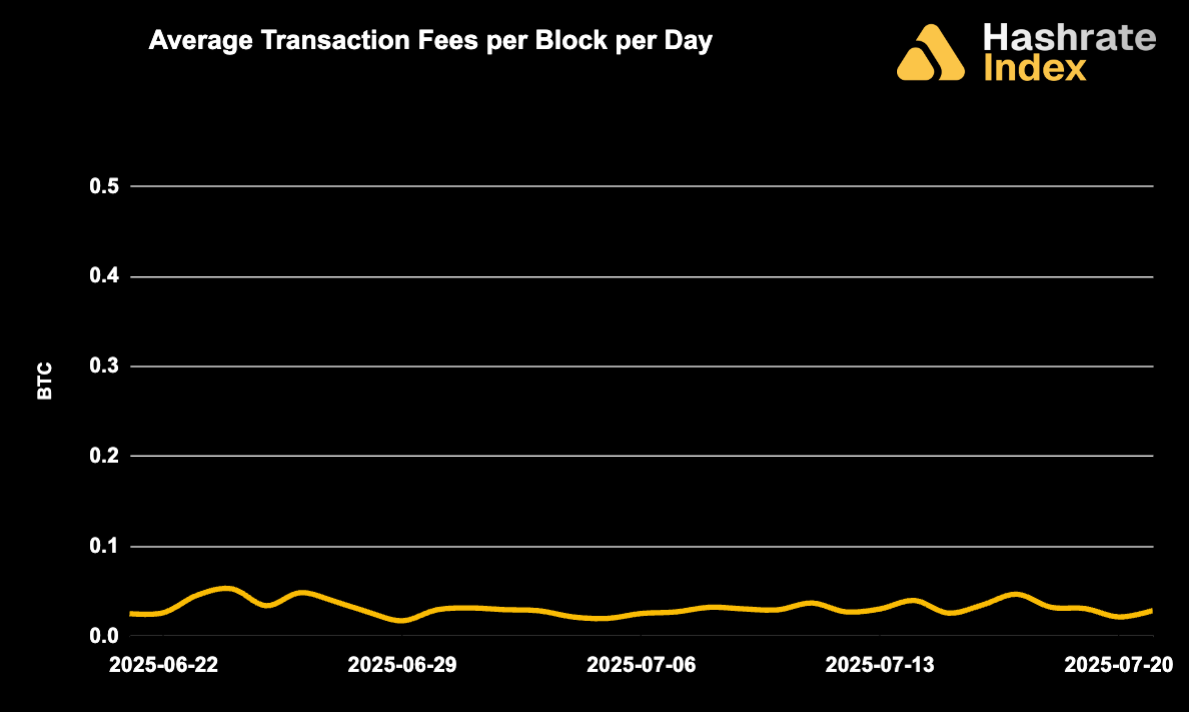 Line chart showing average Bitcoin transaction fees per block per day from May 30 to June 30, 2025, with a steady decline and range between ~0.01 to 0.10 BTC. Fee levels remained low and stable throughout the month.