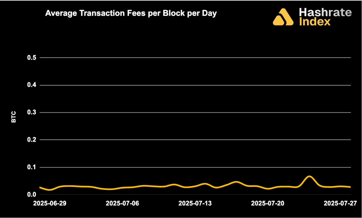 Line chart showing average Bitcoin transaction fees per block per day from May 30 to June 30, 2025, with a steady decline and range between ~0.01 to 0.10 BTC. Fee levels remained low and stable throughout the month.