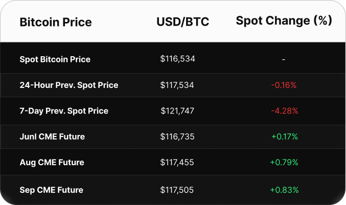 Table displaying Bitcoin price data in USD. Spot price is $103,393. CME futures show a contango: June at $103,895, July at $104,530, and August at $105,130.