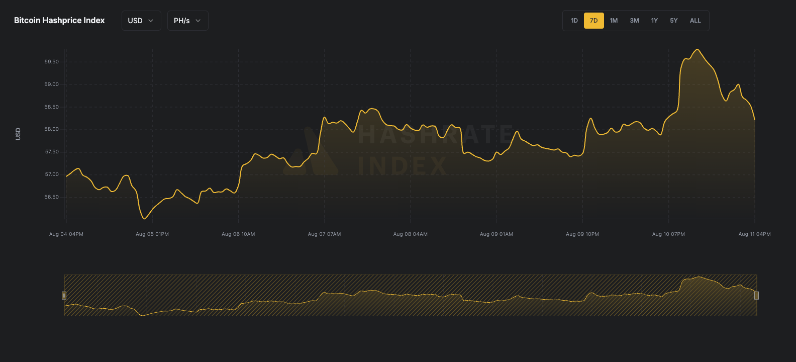 7-day line chart of Bitcoin hashprice in USD per PH/s/day from June 16 to June 23, 2025. The hashprice starts near $55, declines steadily to a low near $51.