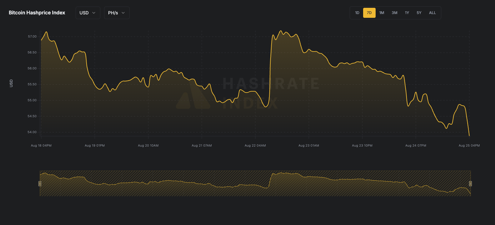 7-day line chart of Bitcoin hashprice in USD per PH/s/day from June 16 to June 23, 2025. The hashprice starts near $55, declines steadily to a low near $51.
