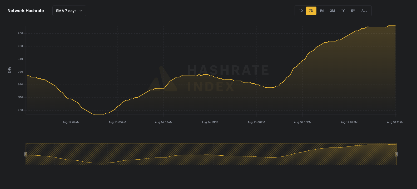 7-day line chart of Bitcoin network hashrate from June 116 to June 23, 2025, showing a fall from ~929 EH/s to 844 EH/s. Data reflects 7-day simple moving average (SMA), visualized in yellow.