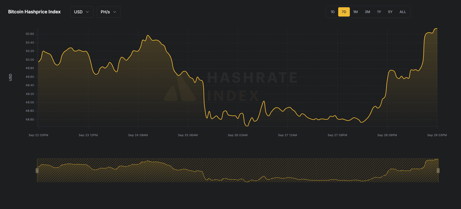 7-day line chart of Bitcoin hashprice in USD per PH/s/day from June 16 to June 23, 2025. The hashprice starts near $55, declines steadily to a low near $51.
