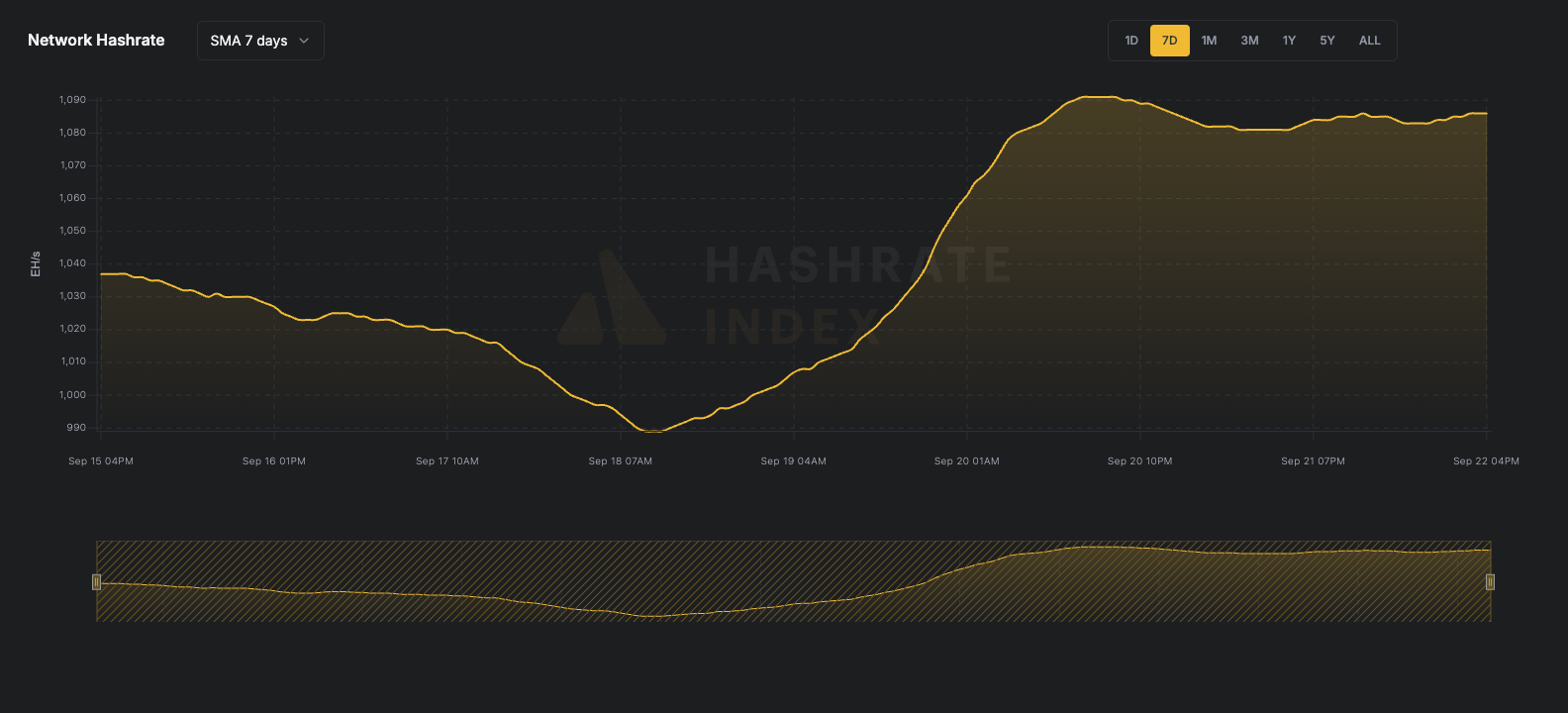 7-day line chart of Bitcoin network hashrate from June 116 to June 23, 2025, showing a fall from ~929 EH/s to 844 EH/s. Data reflects 7-day simple moving average (SMA), visualized in yellow.