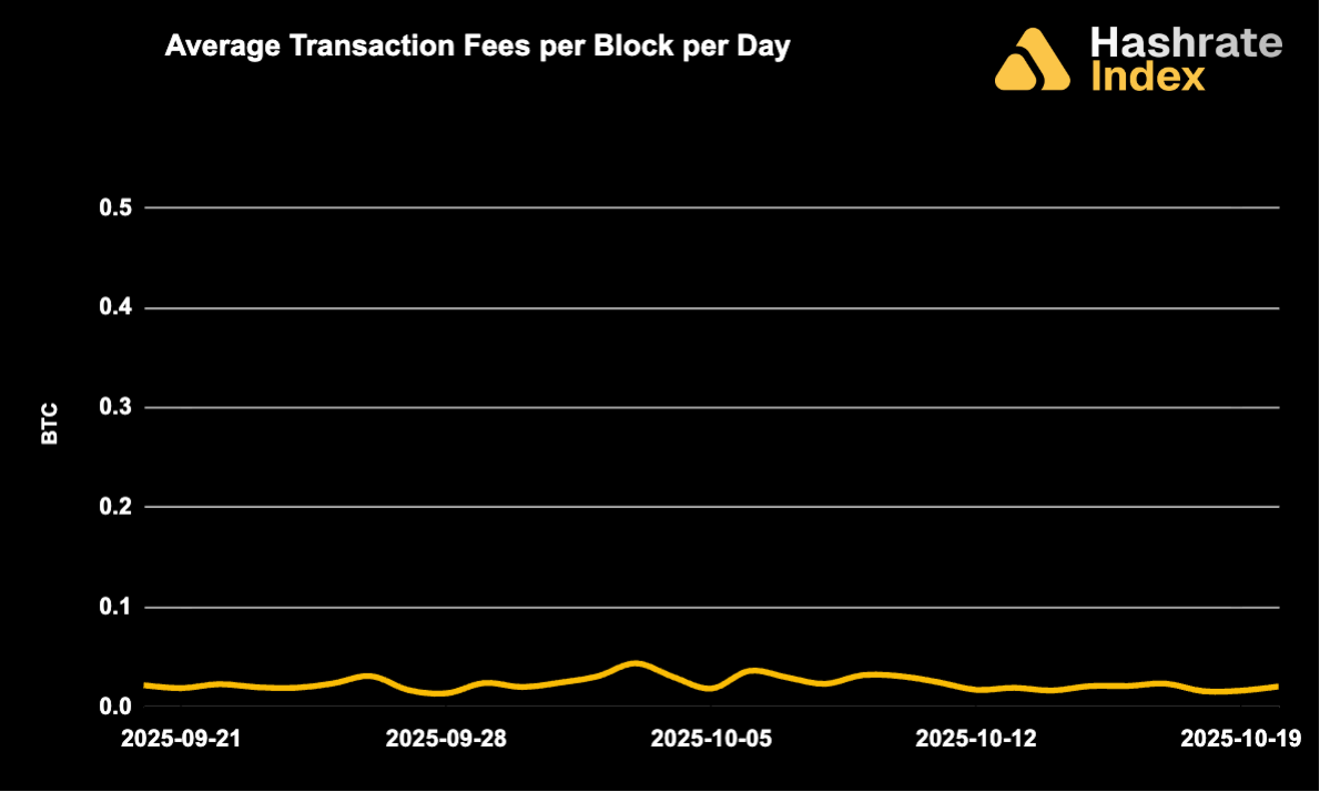 Line chart showing average Bitcoin transaction fees per block per day from May 30 to June 30, 2025, with a steady decline and range between ~0.01 to 0.10 BTC. Fee levels remained low and stable throughout the month.