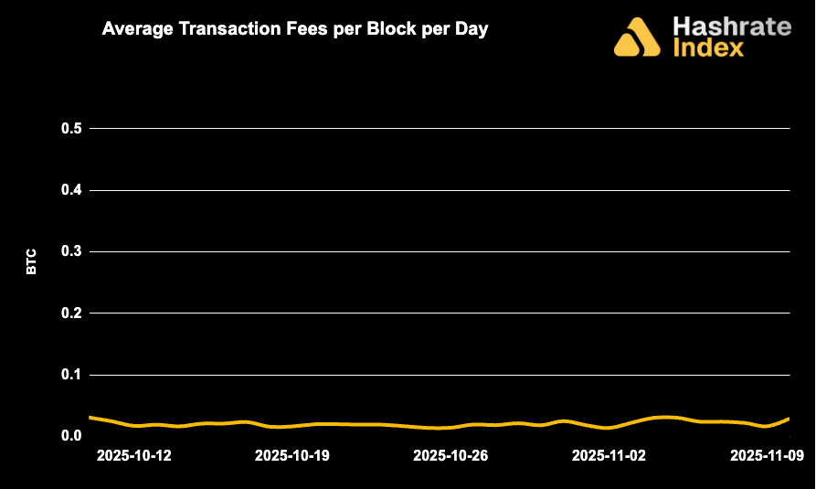 Line chart showing average Bitcoin transaction fees per block per day from May 30 to June 30, 2025, with a steady decline and range between ~0.01 to 0.10 BTC. Fee levels remained low and stable throughout the month.