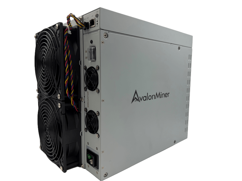 Canaan Avalon A16 Bitcoin ASIC miner, front three-quarter view showing dual fan cooling system