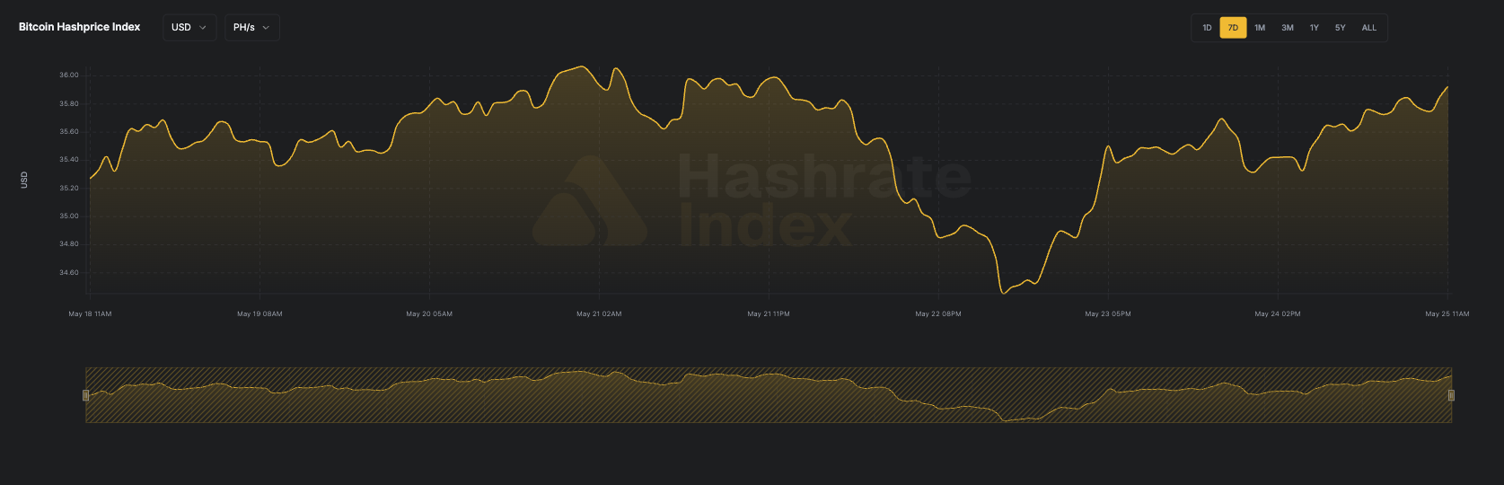 7-day line chart of Bitcoin hashprice in USD per PH/s/day from June 16 to June 23, 2025. The hashprice starts near $55, declines steadily to a low near $51.