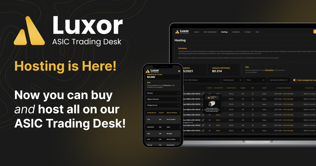 Luxor's ASIC Trading Desk now features a bitcoin mining hosting marketplace