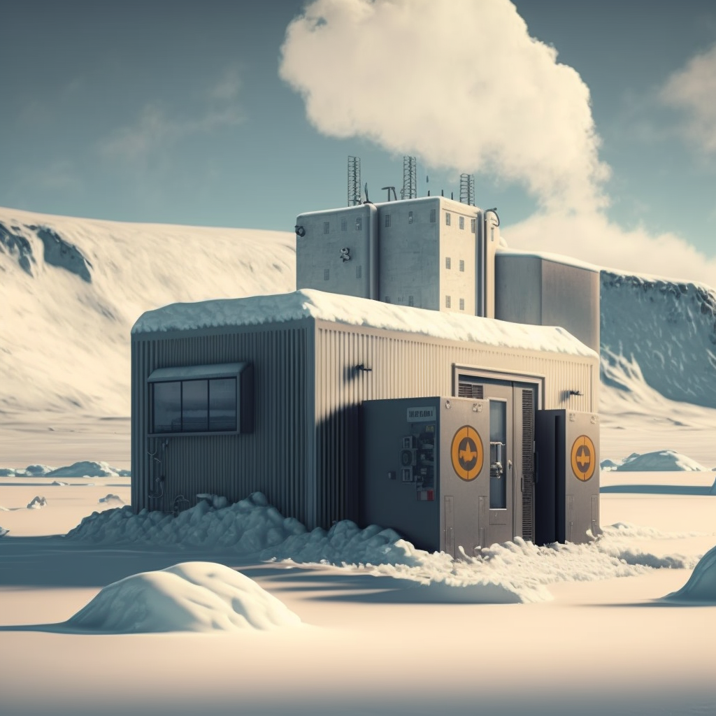 Bitcoin mining facility in a snowy plain, generated via Midjourney