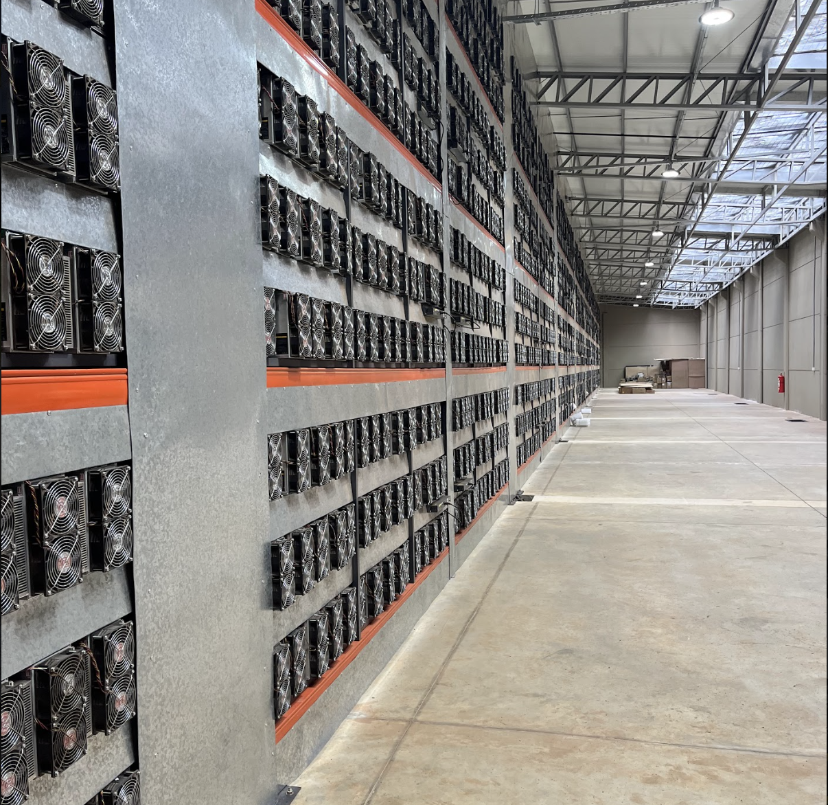 Racks of Bitcoin mining ASICs 