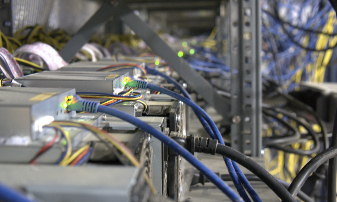 A rack of Antminer S9 Bitcoin mining ASICs