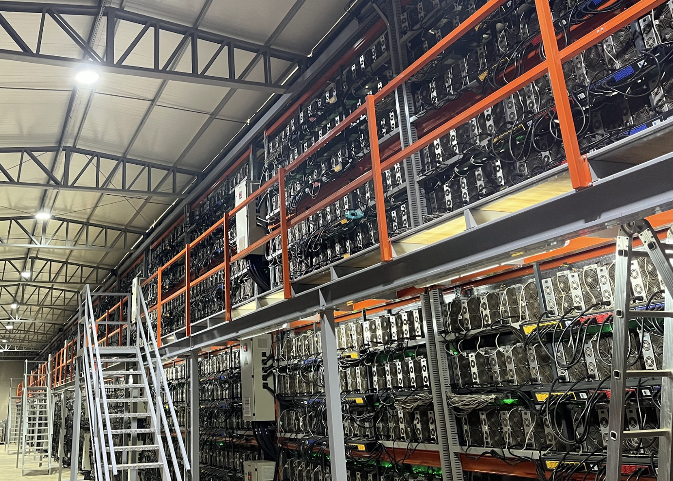 Racks of Bitcoin mining ASICs
