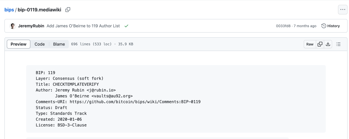 A screenshot of the BIP-119 GitHub for OP_CTV