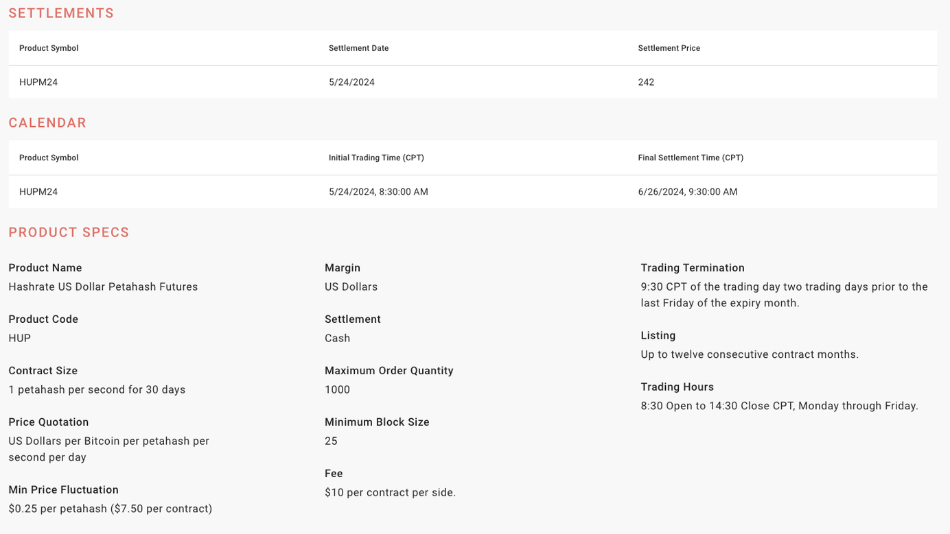 Settlement, calendar, and product specs for Luxor's Hashrate Futures on Bitonmial
