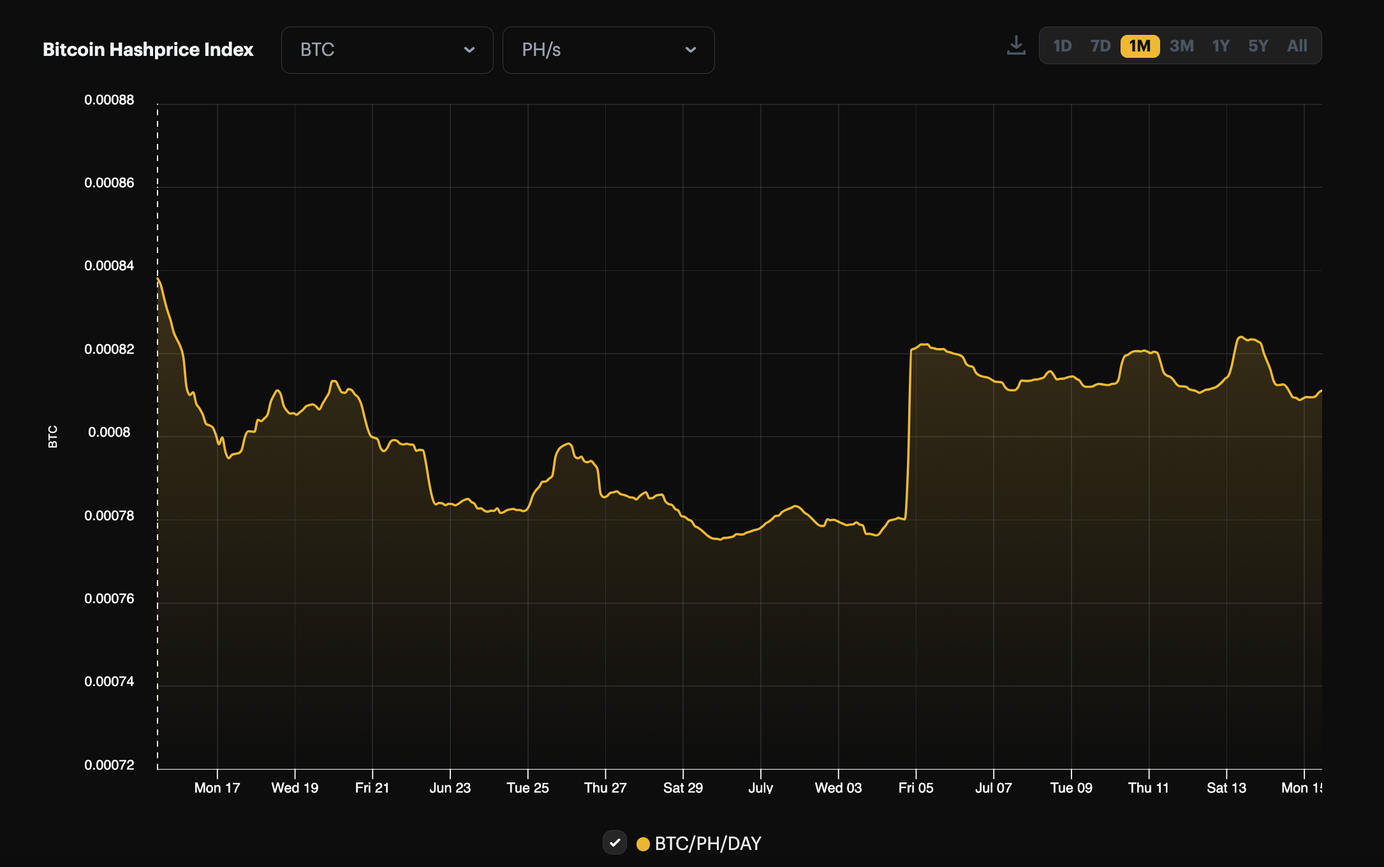 Bitcoin BTC hashprice, 1-month view (June 15 - July 15, 2024)