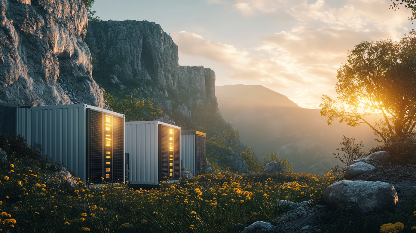 Hyperrealistic image of modular Bitcoin mining containers operating off-grid in a remote mountainous landscape at sunset, surrounded by wildflowers and rugged cliffs.