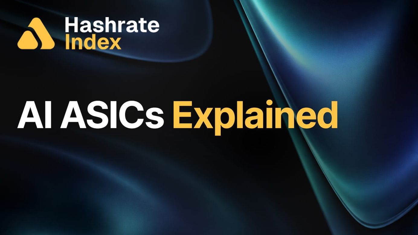Dark background with a blue-green gradient swirl. Hashrate Index logo in top left. Text in middle: "AI ASICs Explained"