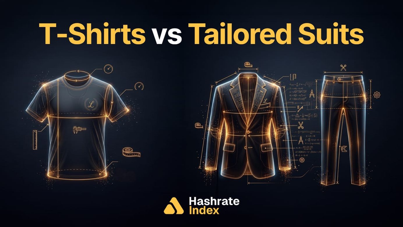 Dark background with garment designs for a t-shirt and suit jacket with suit pants. Text above design says: T-Shirts vs Tailored Suits