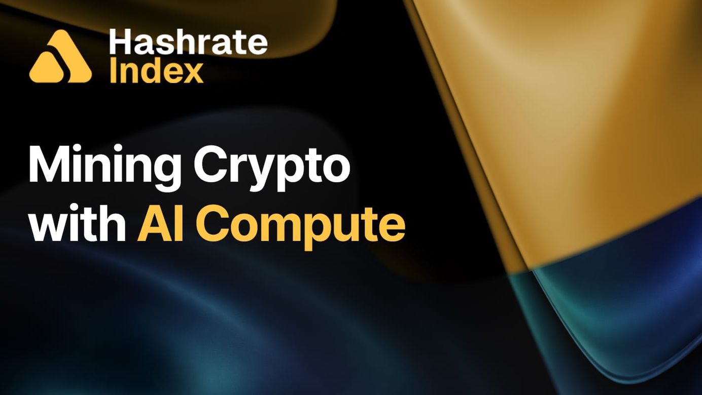 Banner reading "Mining Crypto With AI Compute" in white and gold text on a dark background with abstract flows of gold/iridescent green-blue and the Hashrate Index logo