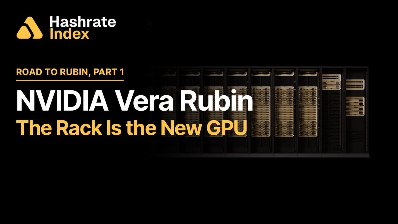 Text: "Road to Rubin, Part 1 — NVIDIA Vera Rubin: The Rack Is the New GPU" on a black background with a NVIDIA Vera Rubin rack in middle