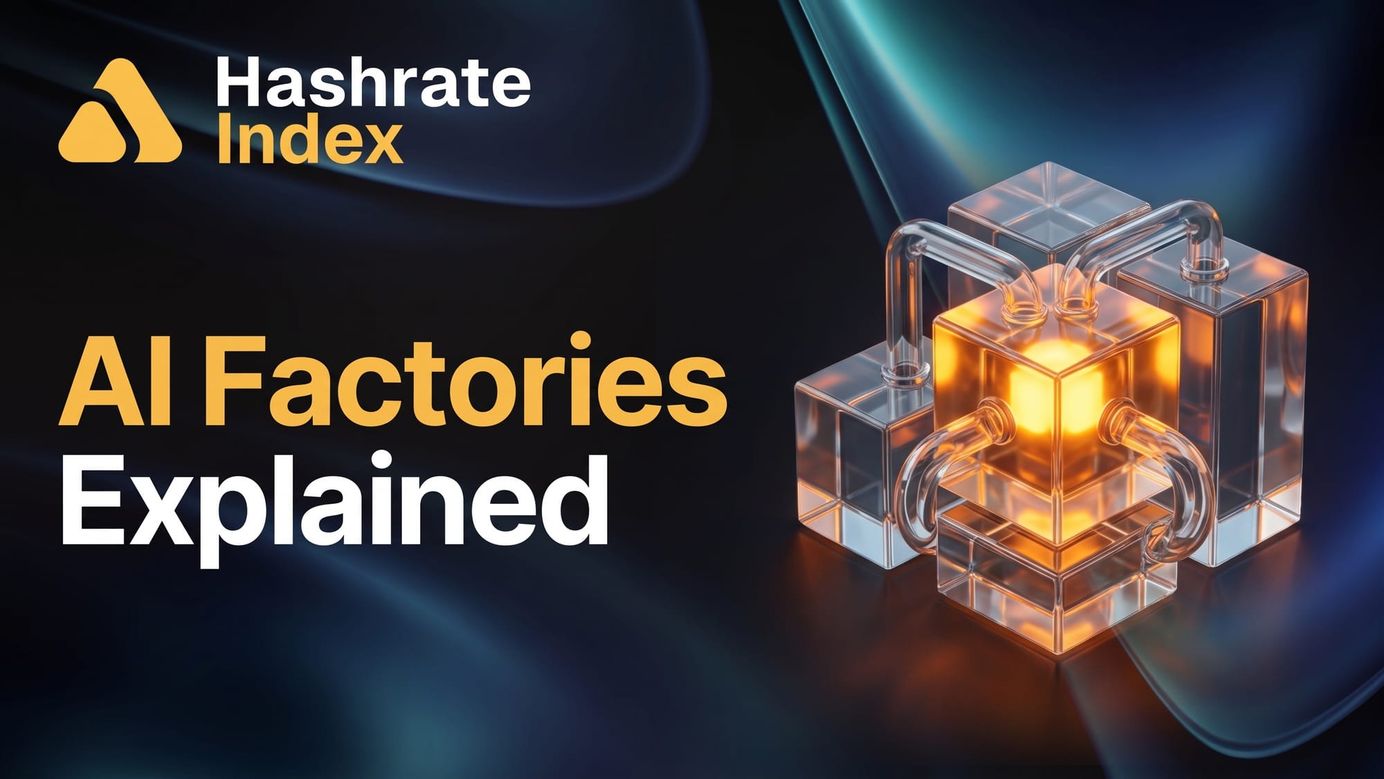 Dark background with flowing blue-green gradient; text in middle: AI Factories explained; graphic of a glass factory; Hashrate Index logo in top left corner