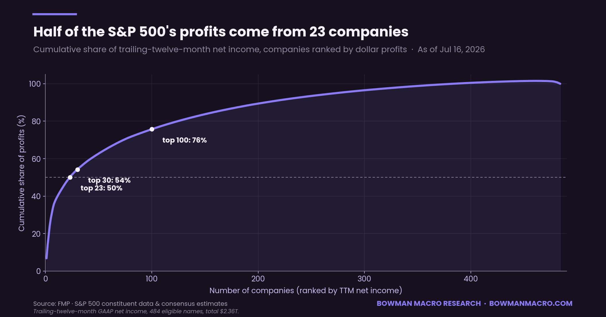 Half of the S&P 500's profits come from 23 companies. This chart shows the steep curve at which the top 100 contribute .