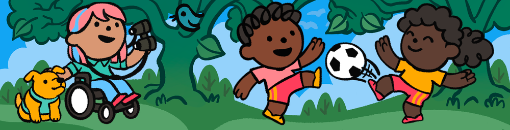 horizontal banner with happy children and adults playing various activities