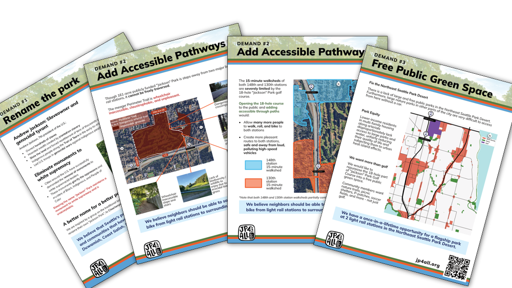 4 flyers - Rename the park, Add Accessible Pathways (x2), Free Public Green Space laid across a blank void
