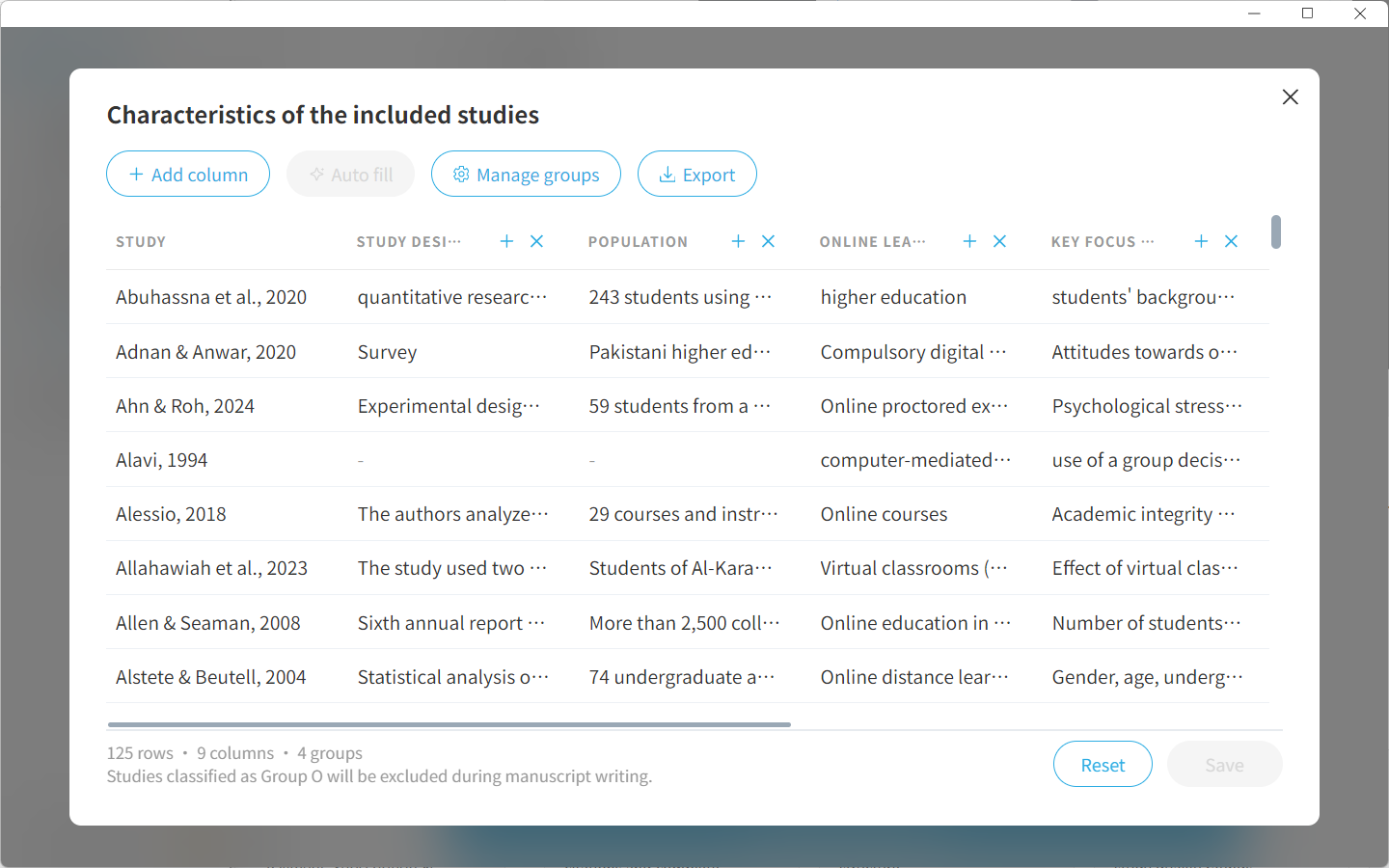 Editable characteristics table of included studies
