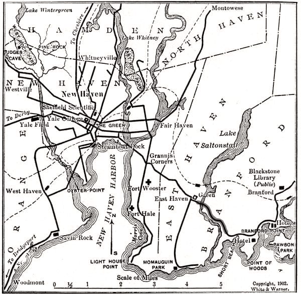 1902 map of trolley system in New Haven